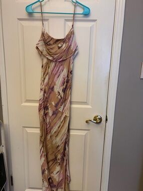 Hello Molly Beige and Pink Abstract Maxi Slip Dress